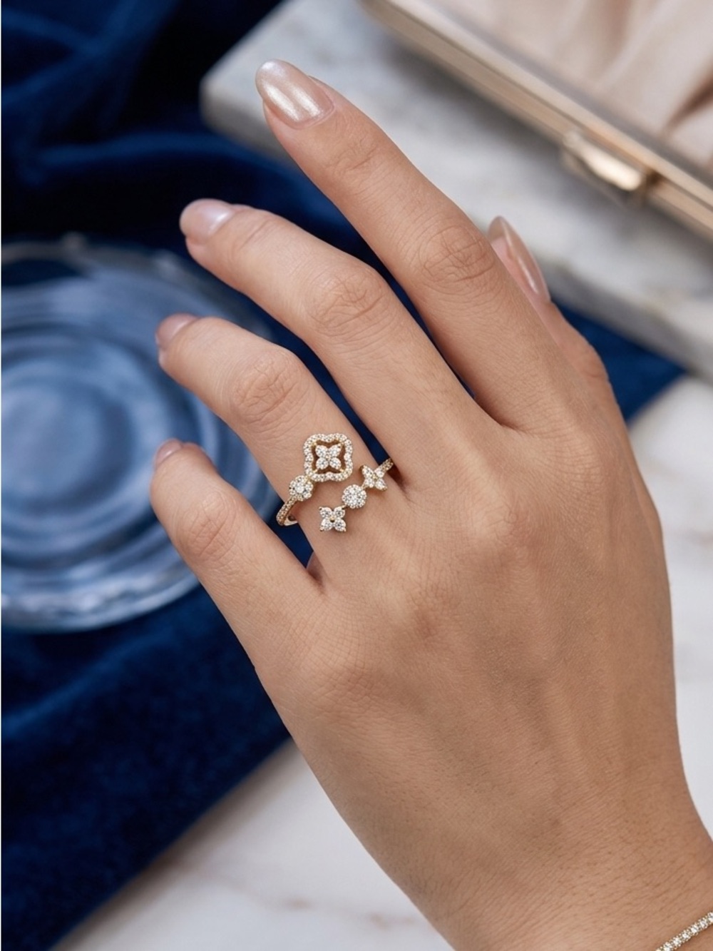 Delicate Gold Floral CZ Open Ring - Gold